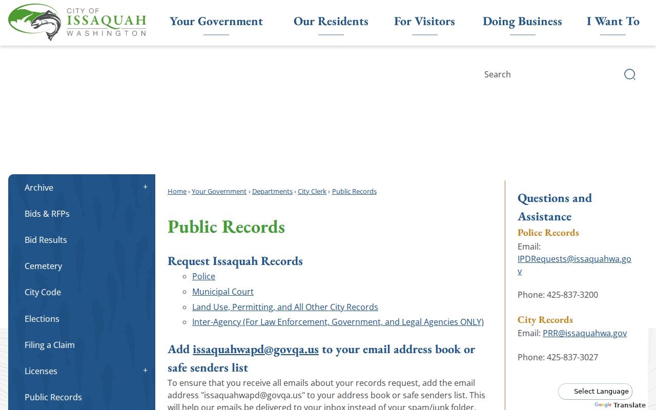 Issaquah public records request intake in GovQA
