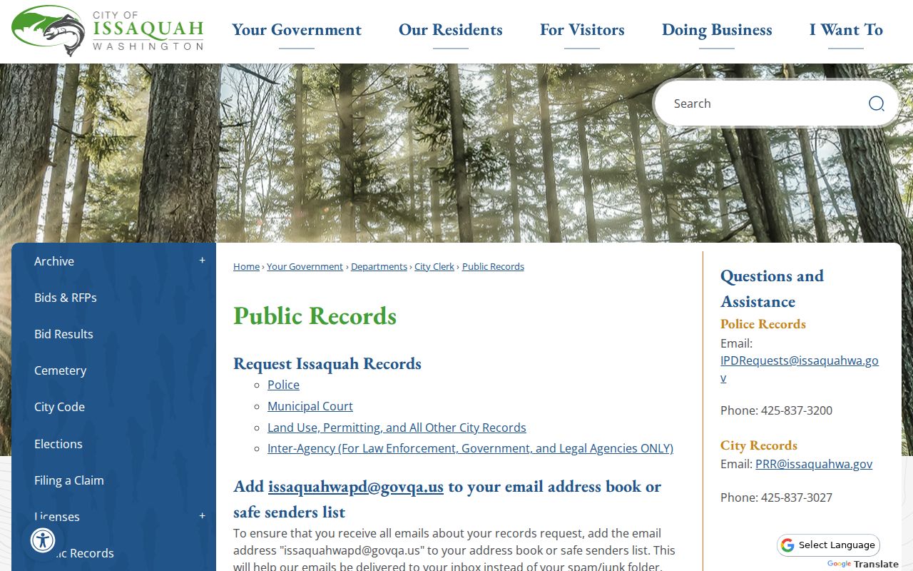 Issaquah public records hub with city request categories